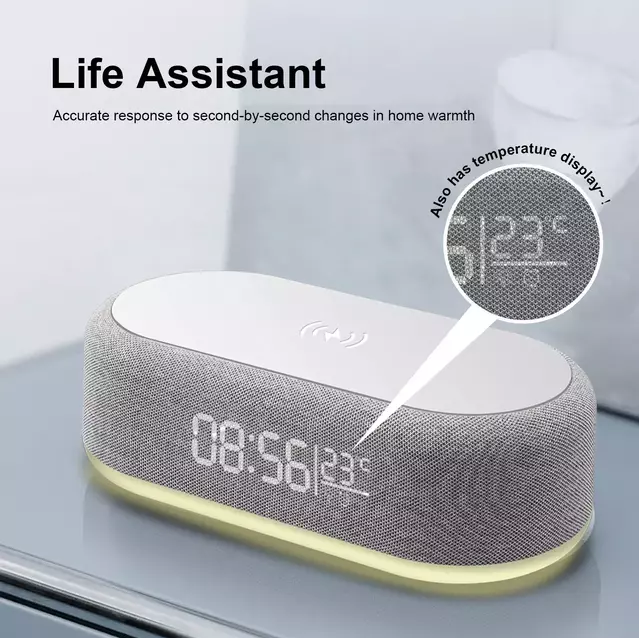 Carregador Wireless com Relógio, Alarme e Luz Noturna para Celulares Compatíveis com Carregamento por Indução Qi