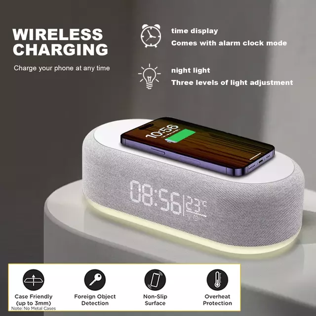 Carregador Wireless com Relógio, Alarme e Luz Noturna para Celulares Compatíveis com Carregamento por Indução Qi