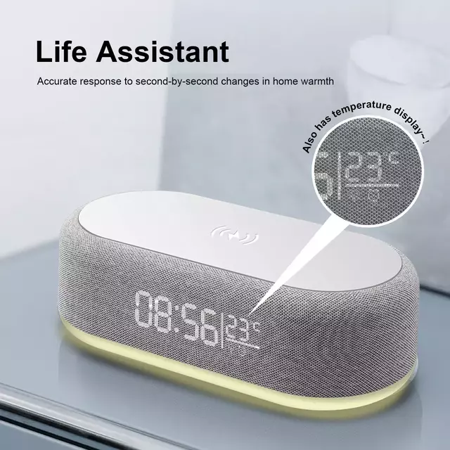 Carregador Wireless com Relógio, Alarme e Luz Noturna para Celulares Compatíveis com Carregamento por Indução Qi